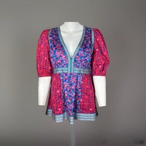 Marc Jacobs Floral Multicolor 100% Cotton Babydoll Blouse, Sz 2, Cottagecore